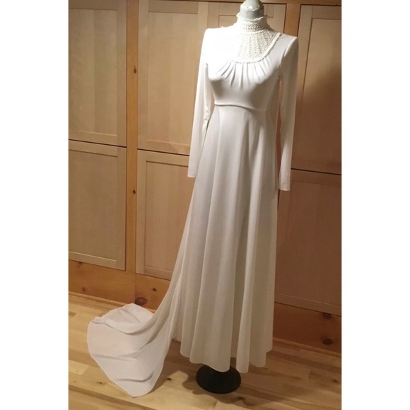 Vntg 70s Boho Beaded Victorian Long Train Dress 4 - Picture 6 of 8